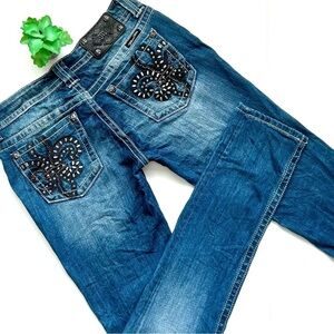 Miss Me Crystal Chain Embellished Fleur De Lis Dark Wash Skinny Jeans Size 29